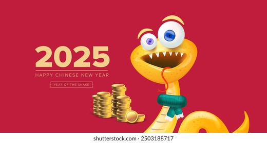 Happy Chinese New Year 2025 illustration vector design with cute and elegant golden snake and golden coins. Cartoon snake with scarf symbol of 2025 lunar year. New year illustration