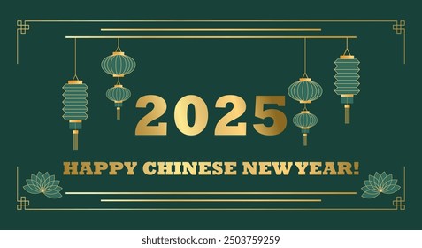 Happy Chinese New Year 2025 with lantern, lotus flower and vintage gold oriental Chinese border frames red luxury background. New Year banners, posters, newsletters. 2025 Lunar New Year