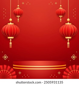 Happy Chinese new year 2025. Chinese new year banner with circle for show product. Greeting card. China frame with lantern on red background.