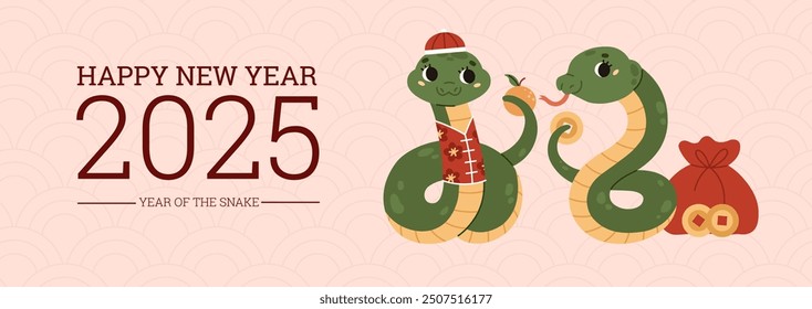 Happy Chinese New Year 2025. Horizontal banner. Cute green snakes with tangerine, red bag, gold coins. Zodiac animal. Lunar new year concept. Cartoon style. Kawaii characters. Vector illustration.