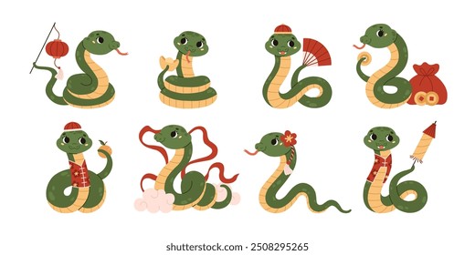 Feliz Ano Novo Chinês 2025. Conjunto de cobras verdes bonitas com moedas, lanterna de papel, fogos de artifício, tangerina. Animal do zodíaco. Estilo de desenho animado. Caracteres kawaii. Ilustração vetorial isolada no plano de fundo branco