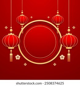 Happy Chinese new year 2025. Chinese new year banner with circle for show product. Greeting card. China frame with lantern on red background.
