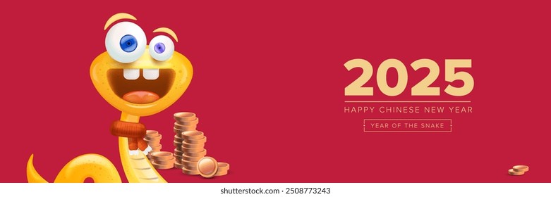 Happy Chinese New Year 2025 wide banner vector design with cute and elegant golden snake and golden coins. Cartoon snake with scarf symbol of 2025 lunar year. New year illustration