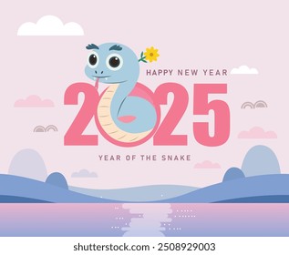 Tarjeta de felicitación feliz del año Nuevo chino 2025 con la serpiente entrelazada con el número 2025. Tarjeta Horizontal con figuras Grandes, serpiente feliz del año Nuevo