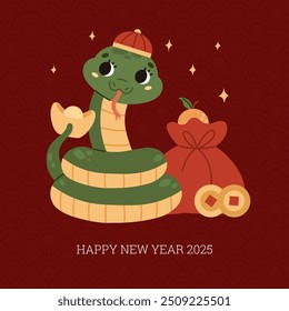 Happy Chinese New Year 2025. Holiday poster. Cute green snake with coins, red bag, tangerine and gold bar. Zodiac animal. Lunar New Year concept. Cartoon style. Kawaii character. Vector illustration.