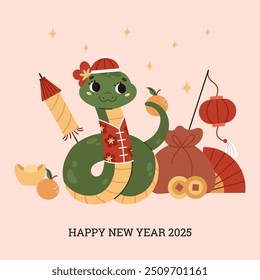 Happy Chinese New Year 2025. Holiday poster. Cute green snake with coins, tangerine, gold bar, paper lantern and fireworks. Zodiac animal. Lunar New Year concept. Kawaii character. Vector illustration