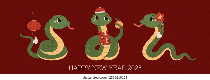 Happy Chinese New Year 2025. Horizontal banner. Cute green snakes with tangerine and red paper lantern. Zodiac animal. Lunar new year concept. Cartoon style. Kawaii characters. Vector illustration.