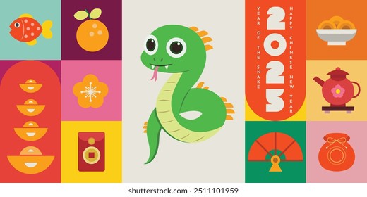 Happy Chinese New Year 2025. Snake zodiac with lanterns, colorful background for card design. China lunar calendar animal.