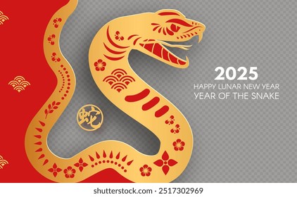 Feliz Ano Novo Chinês 2025 com signo zodíaco Snake no fundo transparente. Modelo de cartão de ano novo lunar. Estilo de corte de papel dourado no fundo colorido