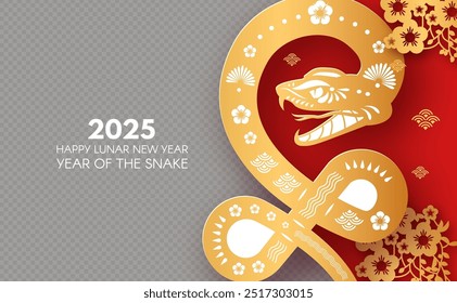 Feliz Ano Novo Chinês 2025 com signo zodíaco Snake no fundo transparente. Modelo de cartão de ano novo lunar. Estilo de corte de papel dourado no fundo colorido