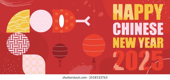 Happy Chinese New Year 2025 Red Poster Template with Geometric Snake Zodiac Patterns