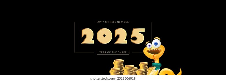 Happy Chinese New Year 2025 wide banner vector design with cute and elegant golden snake and golden coins isolated on black. Cartoon snake with scarf symbol of 2025 lunar year. New year illustration