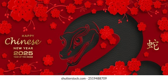 Happy Chinese new year 2025 Snake Zodiac sign, with gold paper cut art and craft style on color background (Chinese Translation: happy new year 2025, year of Snake)