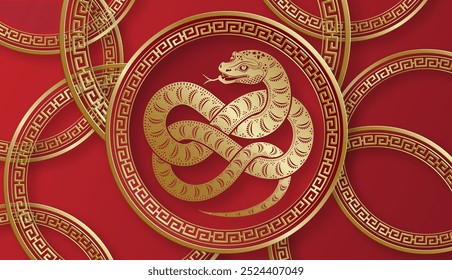 Happy Chinese new year 2025 Snake Zodiac sign, with gold paper cut art and craft style on color background (Chinese Translation: happy new year 2025, year of Snake)