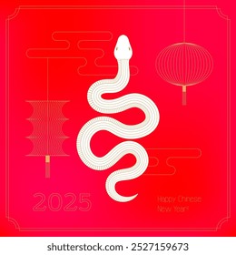 Happy Chinese new year 2025 with Zodiac sign, year of the Snake, with red linear art style on gradient red color background. Minimalistic vector illustration.