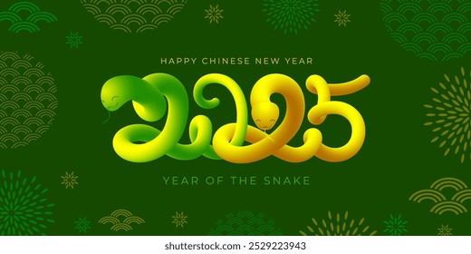 Happy Chinese New Year 2025 Vorlage, mehrfarbige 3D-Zahlen 2025 mit niedlichen Schlangen als Zahlen. Kreatives Design für Banner, Poster, Grußkarte, Kalender, Social Media. Vektorgrafik mit Premiumdarstellung