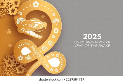 Feliz Ano Novo Chinês 2025 com signo zodíaco Snake no fundo transparente. Modelo de cartão de ano novo lunar. Estilo de corte de papel dourado no fundo colorido