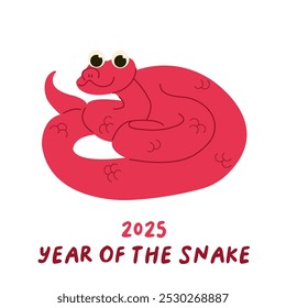 Happy Chinese new year 2025 greeting card with cute snake and phrase. Animal zodiac cartoon character. Vector illustration.