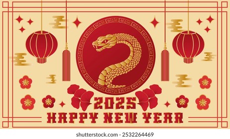 Happy Chinese New Year 2025. Golden snake zodiac on red background with flower cloud and ten lang lantern for festival banner design. Vector graphics.