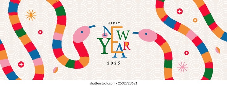 Happy Chinese New Year 2025. Banner with striped snakes and Chinese pattern. Animal zodiac character. Modern flat style. Vector illustration.