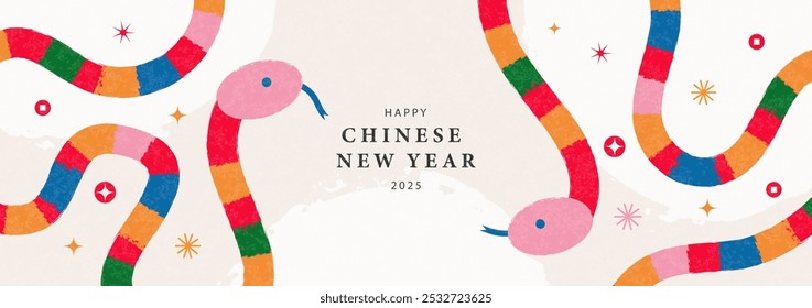 Happy Chinese New Year 2025. Banner with striped snakes. Animal zodiac character. Modern flat style. Vector illustration.