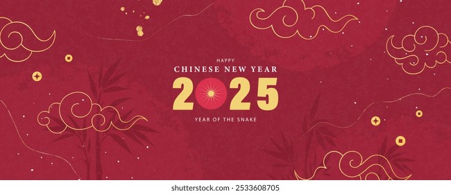 Feliz año Nuevo chino 2025, año de la serpiente. Hermoso Anuncio con varios Elementos de diseño chinos. Colores rojo y dorado. Plantilla Web Anuncio, cartel, cubierta, Materiales promocionales. Vector