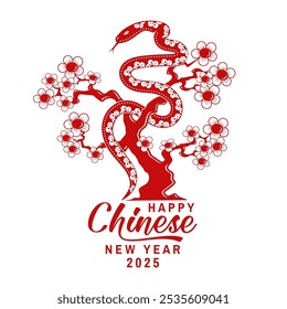 Feliz Ano Novo chinês 2025 design tipográfico com cobra vermelha na flor de cereja sakura. Ilustração vetorial. Para cartões comemorativos, folhetos, cartazes, banner ou modelo de site