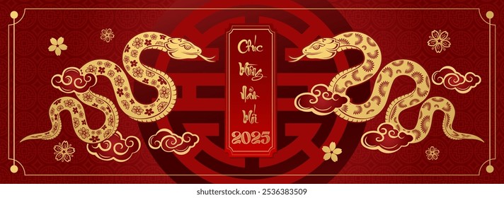 Feliz año nuevo chino 2025. El signo del zodiaco de la serpiente con la flor, la linterna, el estilo rojo del corte del papel de los Elementos asiáticos en el fondo del color. ( Traducción: feliz año nuevo 2025 año de la serpiente )	