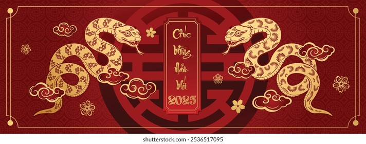 Happy Chinese new year 2025 the snake zodiac sign with flower, lantern, asian elements red paper cut style on color background. ( Translation : happy new year 2025 year of the snake )