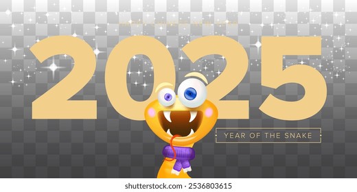 Feliz Ano Novo Chinês 2025 ilustração vetor design com cobra dourada bonito e elegante no fundo transparente. Cartoon cobra com o símbolo do cachecol do ano lunar de 2025.