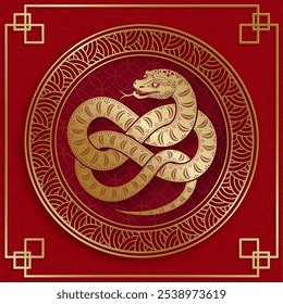 Happy Chinese new year 2025 Snake Zodiac sign, with gold paper cut art and craft style on color background (Chinese Translation: happy new year 2025, year of Snake)
