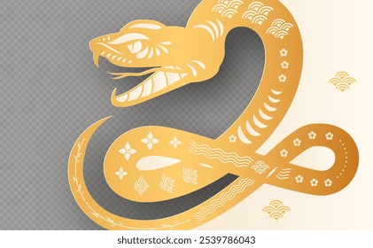 Happy Chinese New Year 2025 with Snake zodiac sign on transparent background. Lunar new year card template. Gold paper cut style on color background