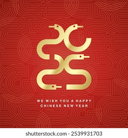Happy Chinese New Year 2025 ultra modern gold snake design numbers typography with patern of blended line in shapes 2025 in red background label icon logo for 2025 year