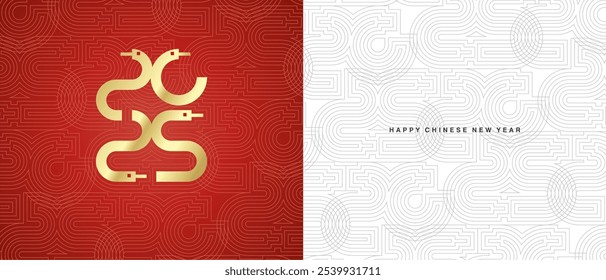 Happy Chinese New Year 2025 ultra modern gold snake design numbers typography with patern of blended line in shapes 2025 in red and white background greeting card