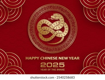 Happy Chinese new year 2025 Snake Zodiac sign, with gold paper cut art and craft style on color background (Chinese Translation: happy new year 2025, year of Snake)