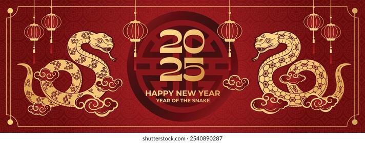 Happy Chinese New Year 2025. Snake zodiac with lanterns, cloud on red background for card design. China lunar calendar animal.