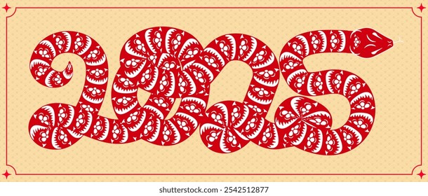 Feliz año nuevo chino 2025 año de la serpiente rojo y oro tradicional estilo de corte de papel sobre fondo de color. Feliz año nuevo 2025 el zodiaco de la serpiente. Estilo chino 2025 año de la Serpiente. Abstractas 2025