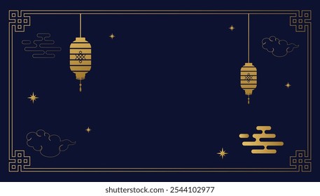 Happy Chinese new year 2025. Chinese new year banner with circle for show product. Greeting card. China frame with lantern on blue background.