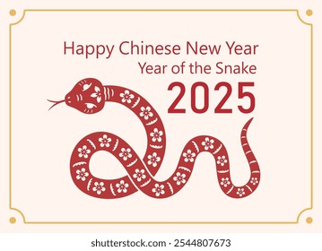 Happy Chinese new year 2025 Zodiac sign.
year of the Snake greeting card vector.
traditional paper cut art and craft style. 