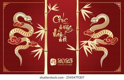 Happy Chinese new year 2025 the snake zodiac sign with bamboo, Asian elements red paper cut style on color background. ( Translation : happy new year 2025 year of the snake )​