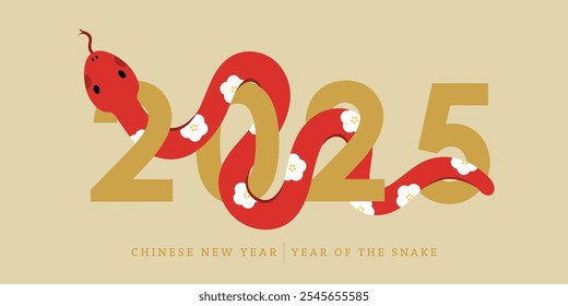 Happy Chinese new year 2025 greeting card with cute snakes.  Animal zodiac cartoon character. -Vector