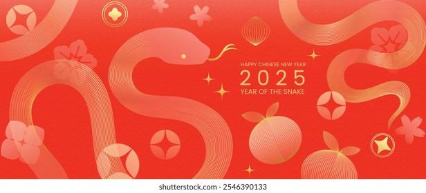 Happy Chinese new year 2025 background vector. Year of the snake design wallpaper with Chinese pattern, gold hanging lantern. Modern luxury oriental illustration for cover, banner, website, envelope.