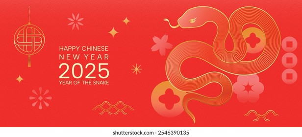 Happy Chinese new year 2025 background vector. Year of the snake design wallpaper with Chinese pattern, gold hanging lantern. Modern luxury oriental illustration for cover, banner, website, envelope.