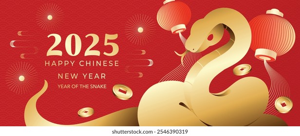 Happy Chinese new year 2025 background vector. Year of the snake design wallpaper with Chinese pattern, gold hanging lantern. Modern luxury oriental illustration for cover, banner, website, envelope.