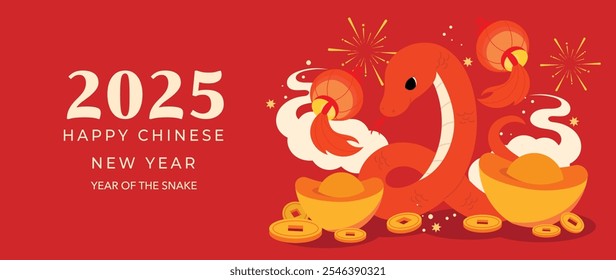 Happy Chinese new year 2025 background vector. Year of the snake design wallpaper with Chinese pattern, gold hanging lantern. Modern luxury oriental illustration for cover, banner, website, envelope.