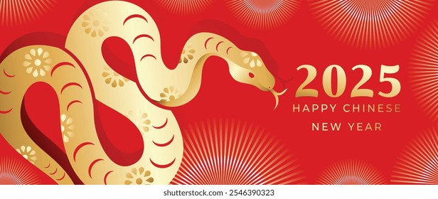 Happy Chinese new year 2025 background vector. Year of the snake design wallpaper with Chinese pattern, gold hanging lantern. Modern luxury oriental illustration for cover, banner, website, envelope.