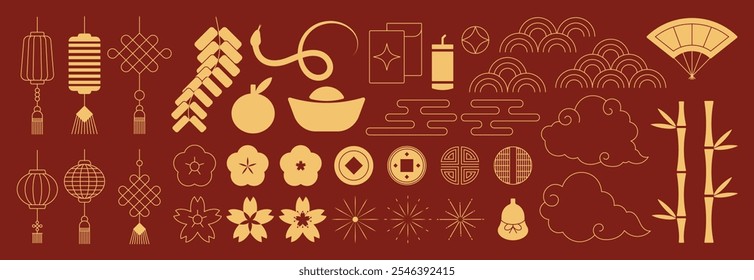 Conjunto de Vector de iconos de feliz año Nuevo chino 2025. Linternas, serpiente, dragón, abanico, nube, moneda, flor aislados iconos del Vector de decoración de vacaciones del año Nuevo lunar asiático. 