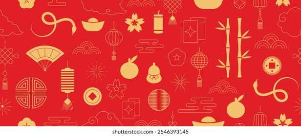 Happy Chinese New Year 2025 Patterns background vector. Lanterns, snake, dragon, fan, cloud, coin, flower isolated icons of Asian Lunar New Year holiday decoration vector. 