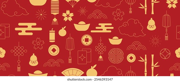 Happy Chinese New Year 2025 Patterns background vector. Lanterns, snake, dragon, fan, cloud, coin, flower isolated icons of Asian Lunar New Year holiday decoration vector. 