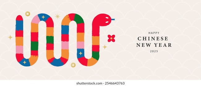 Happy Chinese New Year 2025. Banner with striped snake. Animal zodiac character. Modern flat style. Vector illustration